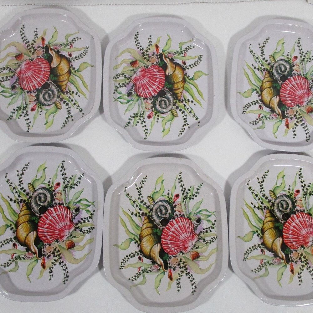Metal Seashell Trays Painted Vintage Beach Ocean Decor Serving Pieces Set of 6